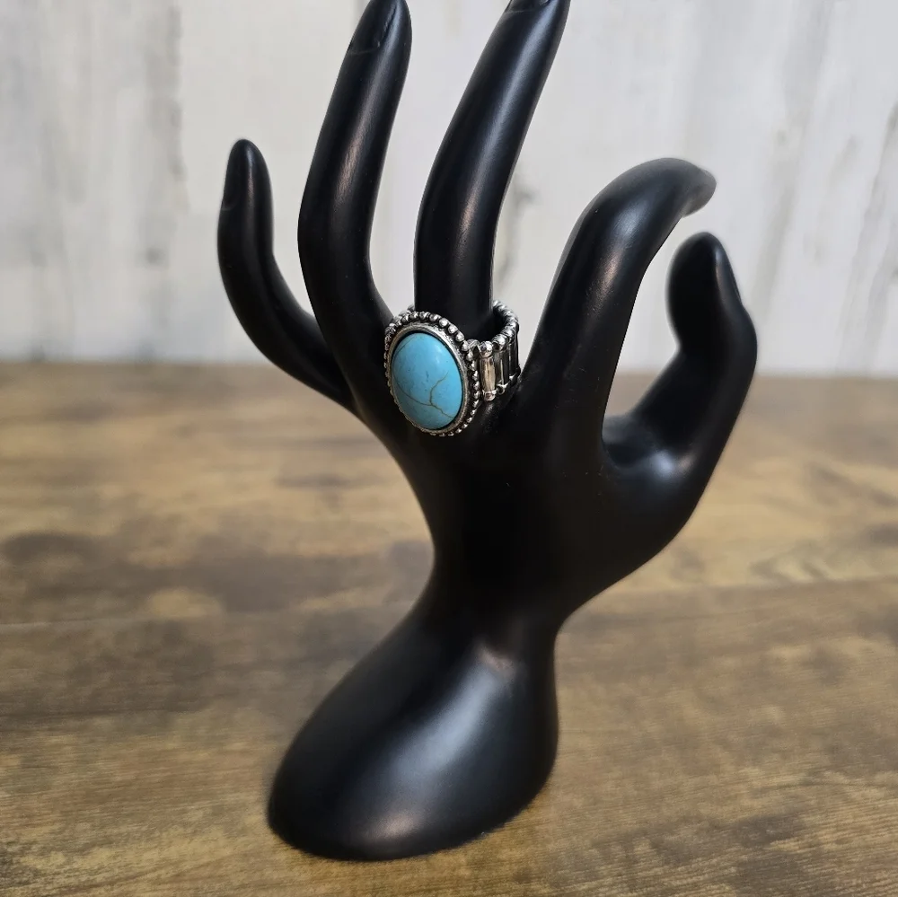 Elegant Silver Tone and Turquoise Stretchy Ring